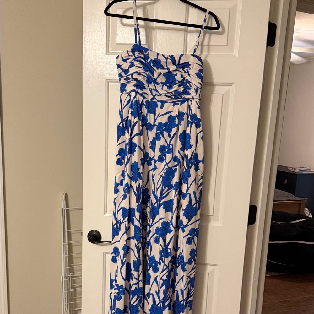 Anthropologie White Maxi Jumpsuit with Blue Floral Print